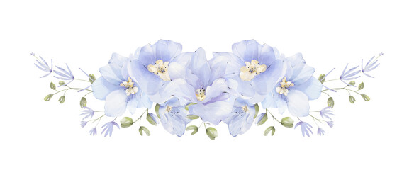 Watercolor delphinium floral bouquet png, elegant wedding arrangement, blue blossom flowers. Floral border clipart.