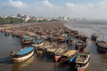 Fototapeta na wymiar View of India's gateway and boats from the harbour in Mumbai, India. Generative AI