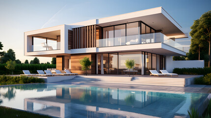 Exterior of modern minimalist cubic villa with balcony, terrace and swimming pool