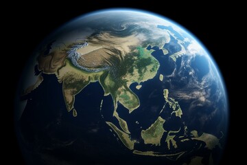 Satellite view of East Asia and Pacific Ocean in realistic 3D. Generative AI