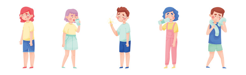 Sweaty People Characters Cooling Themselves with Drink and Fan in Hot Weather Vector Set