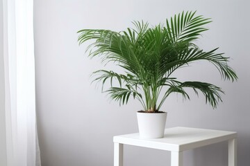 Areca palm in white pot on table indoors. Generative AI