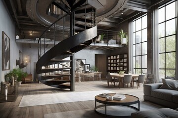 3D visualization of converted loft with spiral stairs & living room. Generative AI
