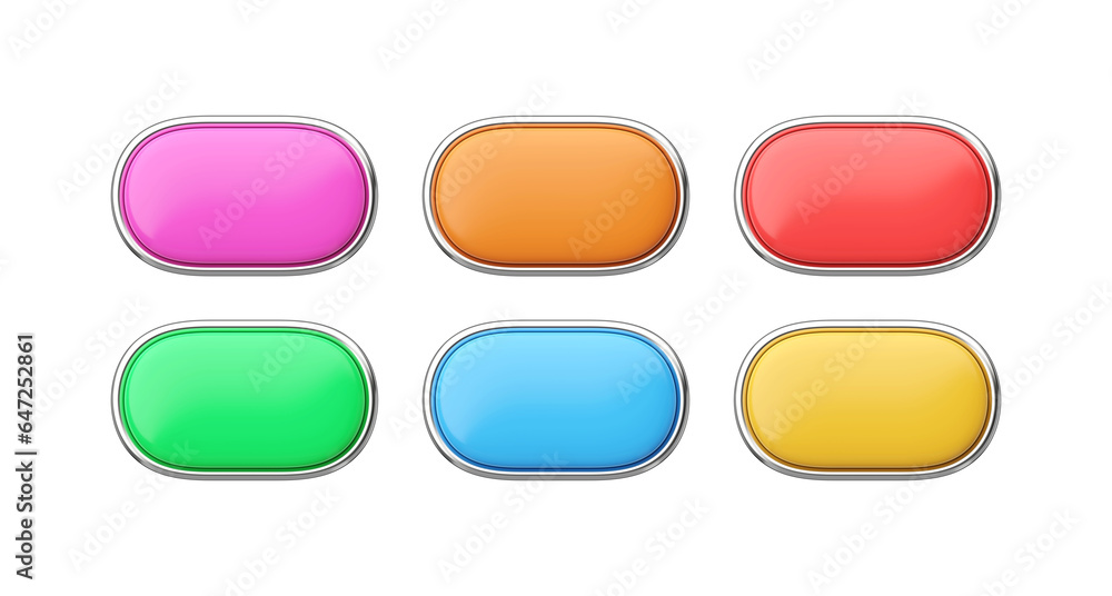 Aufkleber 3d render buttons set - glossy web elements, long shiny label with chrome and clean click symbol