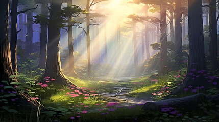 Sunlit Forest Beauty in Nature's Mist