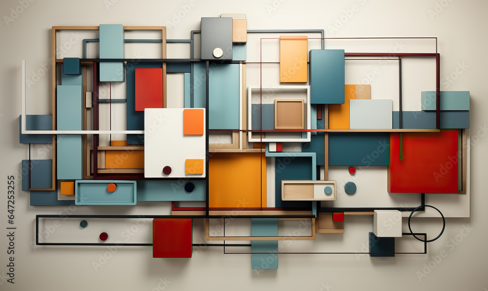 Poster light background with colored 3d rectangles of different sizes.