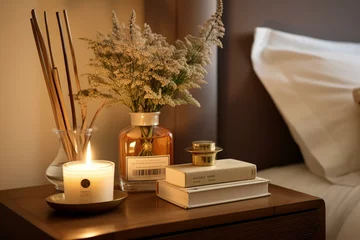 Foto op Canvas Bedside table with literature and aromatic reed diffuser. Generative AI © Quinlan