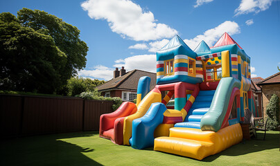 Big bouncy castle slide in garden, colorful Inflatable bouncy castle on sunny summer day with blue sky. Bouncy house for kids to jump on outdoors