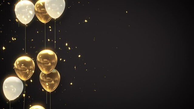 Balloons with sparks flying. Background of golden confetti falling on white and gold balloons created with CG