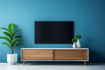 Modern living with TV on cabinet against blue wall. Generative AI
