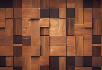 Pattern background wallpapered, wood-paneled walls with a natural wood finish, wallcovering of wooden, tiled, and square blocks. Generative AI
