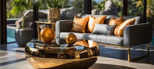 Golden coffee table near gray sofa and armchairs. Hollywood glam