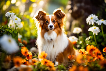 Brown and white dog sitting in field of flowers.