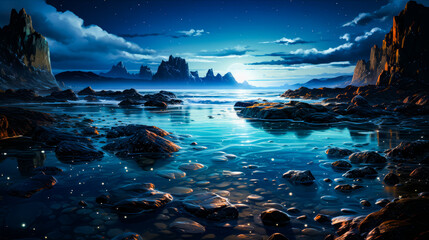 Image of rocky beach at night with full moon.