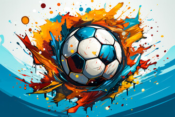 Soccer ball flying through the air with paint splatters around it.