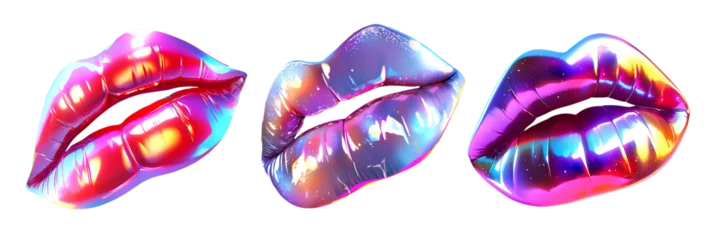 Fotobehang Holographic chrome metal lips isolated. 80s 90s Iridescent neon beauty, cosmetics, makeup icons. Ai generated © Pavel