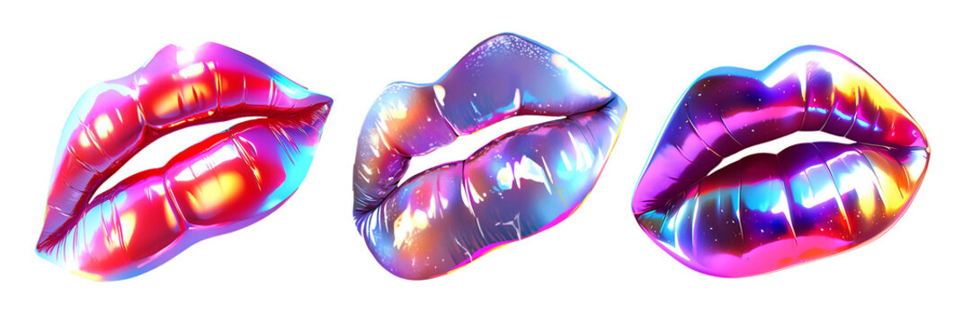 Holographic chrome metal lips isolated. 80s 90s Iridescent neon beauty, cosmetics, makeup icons. Ai generated