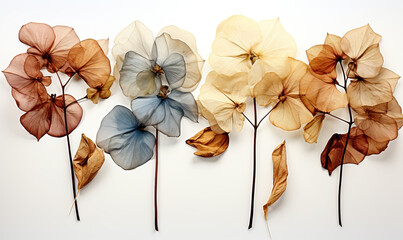 Pressed and dried flower hydrangea on white background.