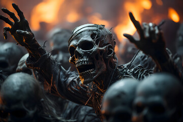 scary spooky halloween season, monster skull and crossbones halloween witch with pumpkin, halloween and October background	