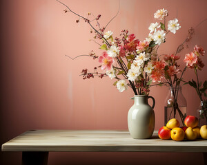 Minimalist room interior with wall and flowers