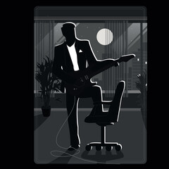 Dark illustration of an office guitarist. Civilian silhouette card