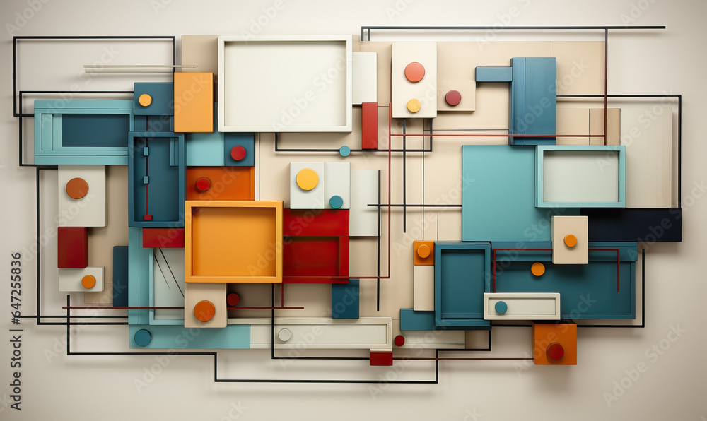 Poster light background with colored 3d rectangles of different sizes.