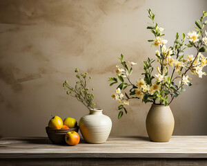 Minimalist room interior with wall and flowers