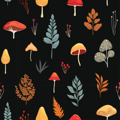 Obraz premium Autumn Seamless Pattern with Mushrooms, Berries and Flowers. Vector
