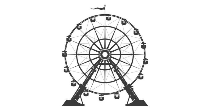 Ferris wheel animation, amusement park observation wheel, attraction with waving flag