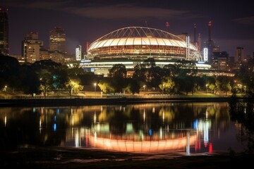 Fototapeta premium Nighttime view of Melbourne Cricket Ground from Princess Bridge in Melbourne, Victoria. Generative AI