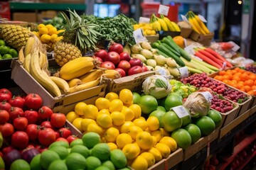Selection of diverse fruits and vegetables at vibrant marketplace in Funchal, Madeira, Portugal. Generative AI