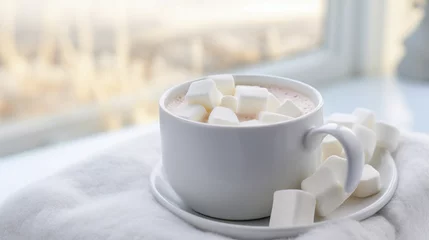 Tuinposter Snowy white setting with a cup of steaming white hot chocolate with marshmallows. © The Food Stock