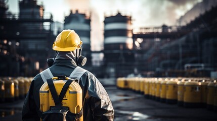 Workers in protective suits and gas masks work with hazardous chemicals in a manufacturing plant.