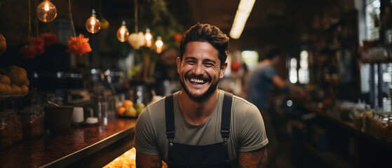 handsome hispanic barista laughing into the camera - obrazy, fototapety, plakaty