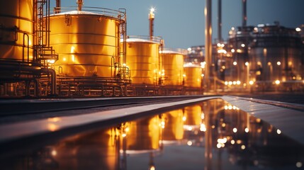 Obraz premium Oil refinery from industrial zone, oil and gas petrochemical industry, oil and gas storage tank pipeline steel oil refinery.