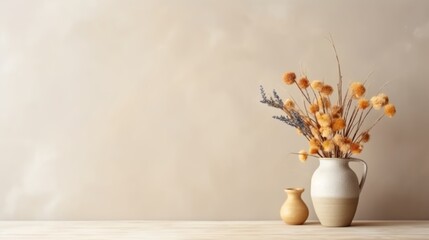 Wooden table with vase with bouquet of dried flowers near empty, blank wall. Home interior background with copy space.