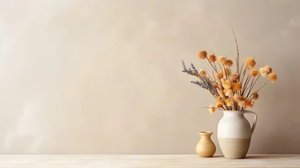 Foto op Canvas Wooden table with vase with bouquet of dried flowers near empty, blank wall. Home interior background with copy space. © Bich