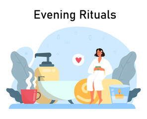 Female character evening bedtime routine. Happy woman relaxing at home