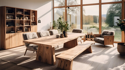  Handmade wooden log furniture, round dining table and chairs. Rustic interior design of modern living room in country house