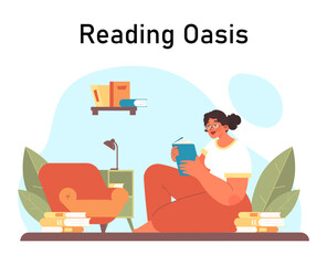 Female character enjoying her free time reading a book. Young woman