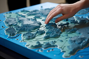A 3D tactile map, with raised surfaces and textures, enables visually impaired users to comprehend geographical terrains and landmarks