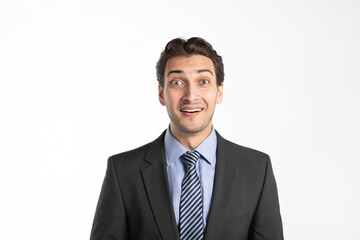 Handsome smiling businessman in black suit isolated on white background	