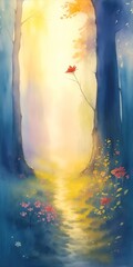 Beautiful morning rainy forest. Watercolor style. AI generated illustration