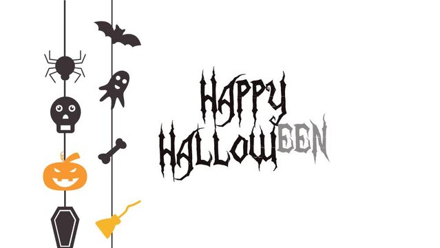footage of happy halloween with pumpkin, bats, and brooms