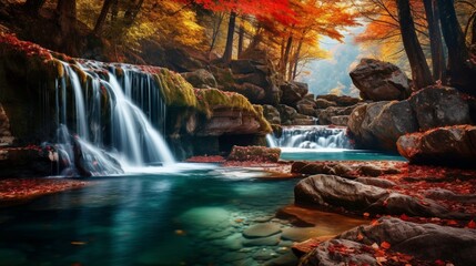 Beautiful waterfall in the autumn forest