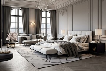 Stunning luxury bedroom with a sophisticated Parisian vibe in shades of grey and beige. Generative AI