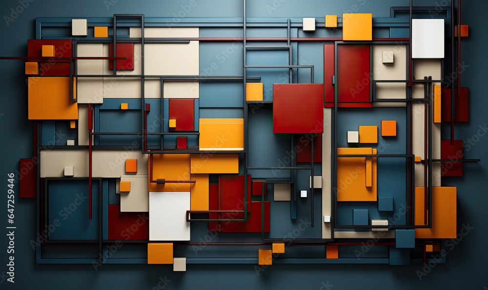 Poster dark background with colored 3d rectangles of different sizes.