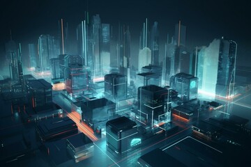 Raster illustration of a futuristic city with cyberpunk elements, modern buildings, skyscrapers, and advanced technology. Modern concept. 3D raster illustration for business. Generative AI