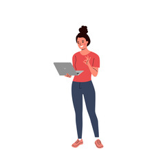 Young woman holding and using laptop. Vector flat style cartoon  illustration