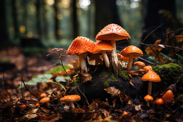 A close-up captures fungi sprouting from the forest floor, exemplifying nature's process of decomposition and recycling of organic matter